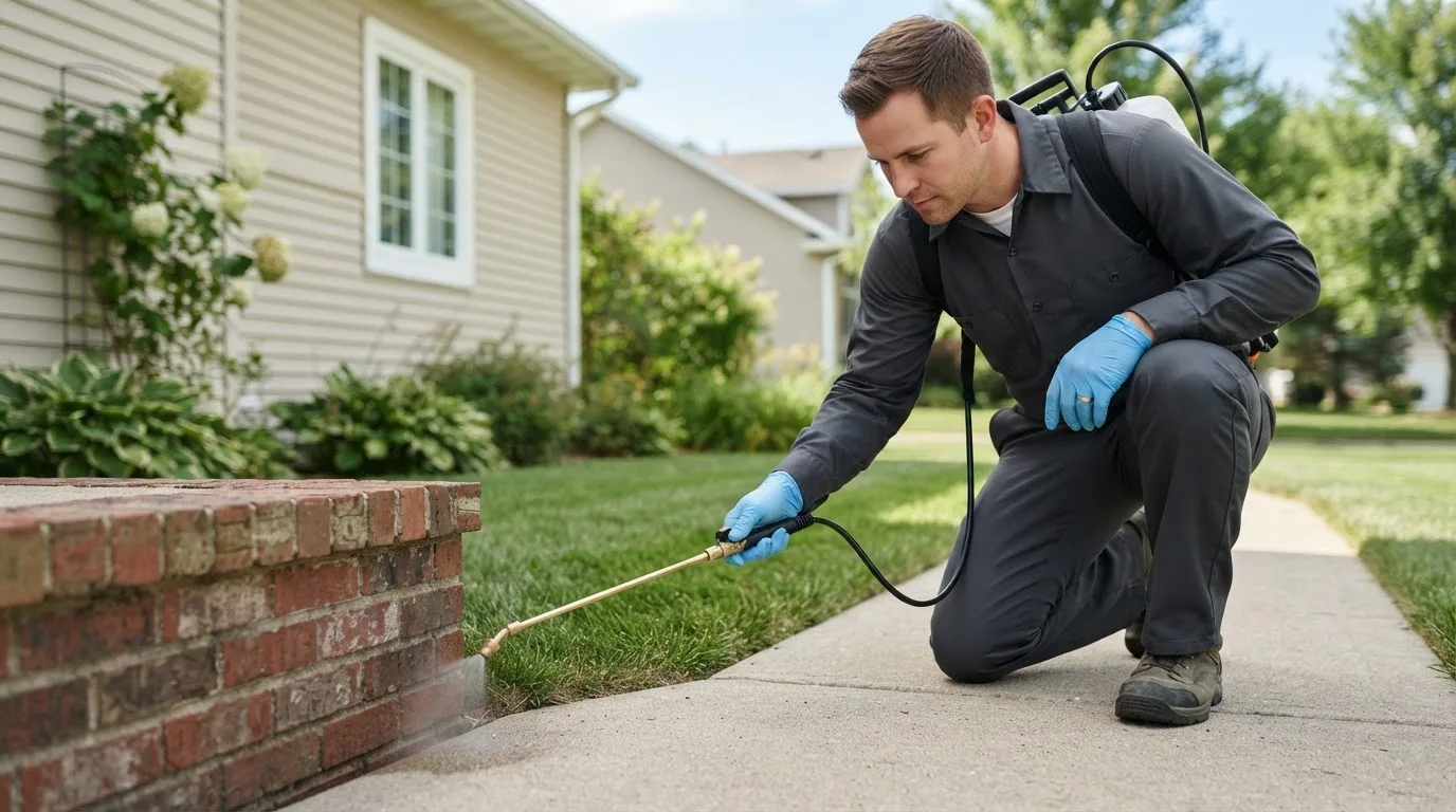 Pest control technician treating a home near Oskaloosa, IA