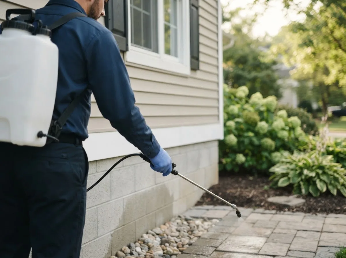 Pest control technician inspecting a home in Oskaloosa, IA